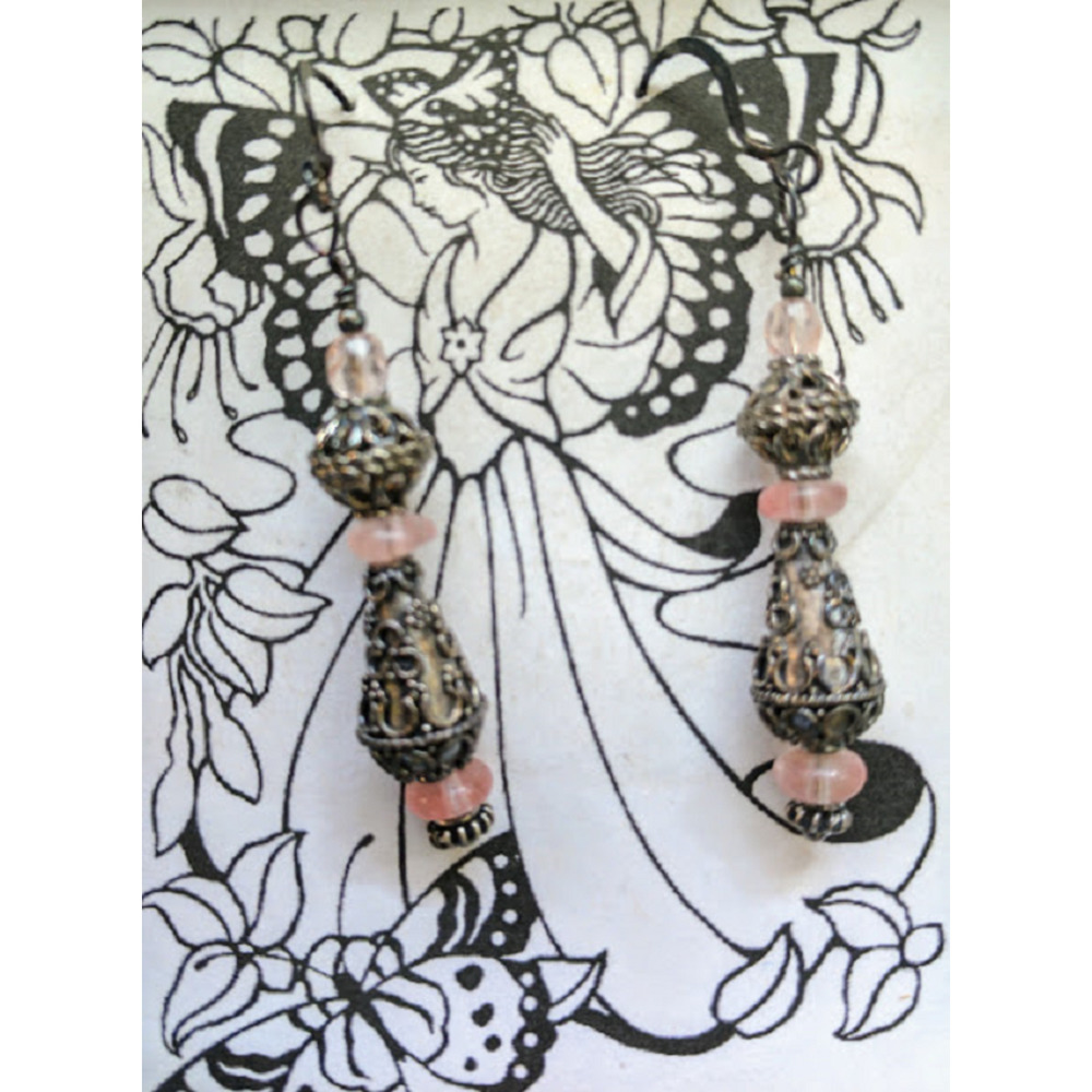 Hand Beaded Earrings w/ Crystal, Glass, Semi Precious Stone Bali Silver & Pink